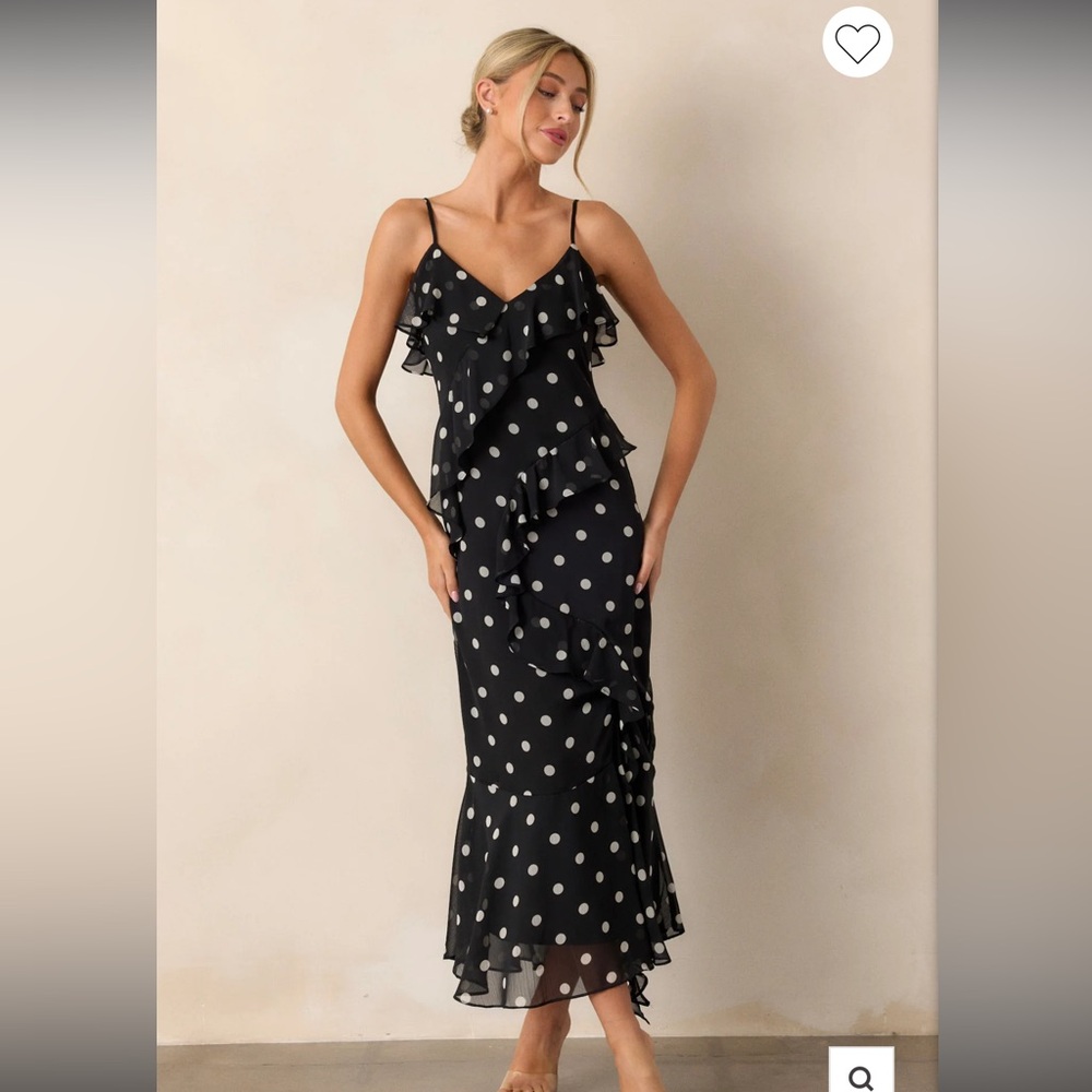 Black white Spaghetti strap polkadot chiffon ruffle dress